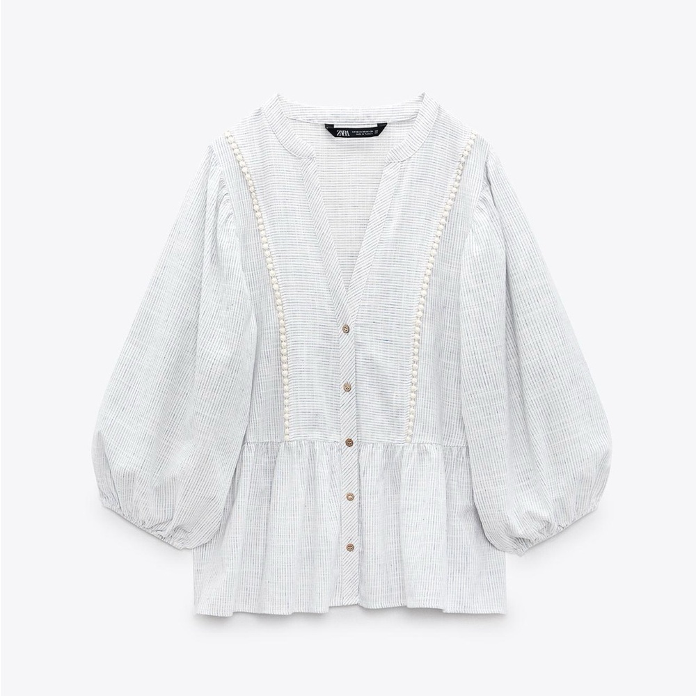 Zara Stripped Peplum Blouse with 3/4 Puff Sleeves in Size XSmall (Never Worn)